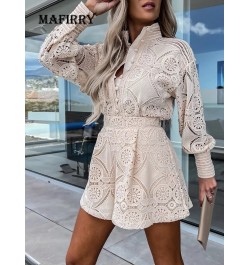 Hook Flower hollow Lace Shorts Matching Suit Elegant Office Women Solid Two Piece Set Slim Fit Long Sleeve Mini Shorts Lady $...