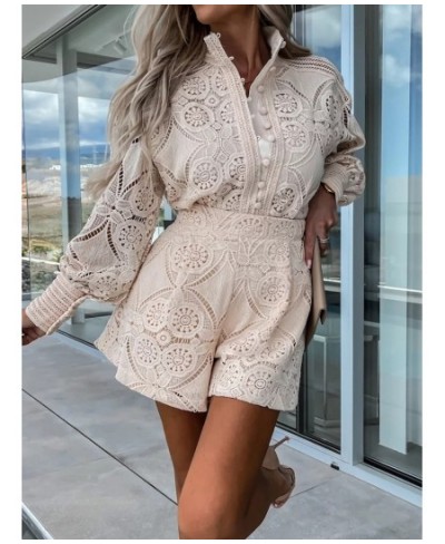 Hook Flower hollow Lace Shorts Matching Suit Elegant Office Women Solid Two Piece Set Slim Fit Long Sleeve Mini Shorts Lady $...