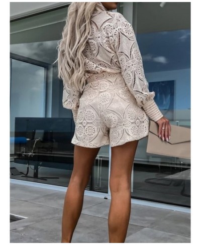 Hook Flower hollow Lace Shorts Matching Suit Elegant Office Women Solid Two Piece Set Slim Fit Long Sleeve Mini Shorts Lady $...