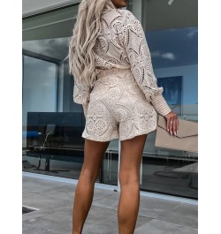 Hook Flower hollow Lace Shorts Matching Suit Elegant Office Women Solid Two Piece Set Slim Fit Long Sleeve Mini Shorts Lady $...