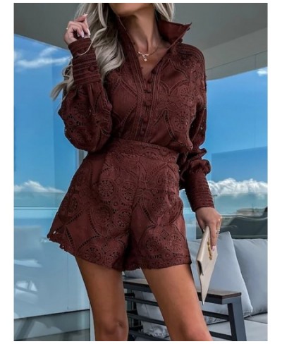 Hook Flower hollow Lace Shorts Matching Suit Elegant Office Women Solid Two Piece Set Slim Fit Long Sleeve Mini Shorts Lady $...