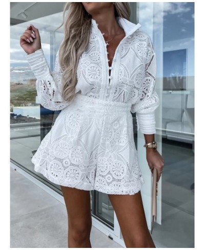 Hook Flower hollow Lace Shorts Matching Suit Elegant Office Women Solid Two Piece Set Slim Fit Long Sleeve Mini Shorts Lady $...