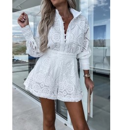 Hook Flower hollow Lace Shorts Matching Suit Elegant Office Women Solid Two Piece Set Slim Fit Long Sleeve Mini Shorts Lady $...