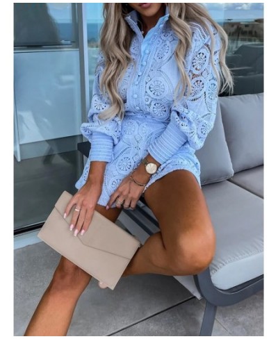 Hook Flower hollow Lace Shorts Matching Suit Elegant Office Women Solid Two Piece Set Slim Fit Long Sleeve Mini Shorts Lady $...