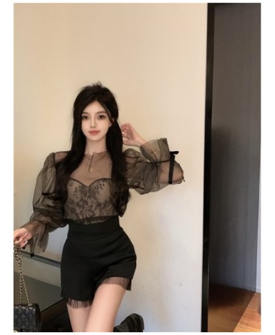 Chic Girl Outfits 3 Piece Sets Flare Sleeve Mesh Shirt&Black Lace Camis Vest&High Waist Mini Shorts Fashion 3pc Matching Suit...
