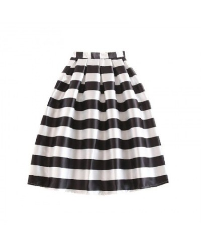 2023 Summer New Women Black and White Horizontal Block Stripe Geometric Print Pleated Midi Skirt for Office Work $47.12 - Skirts