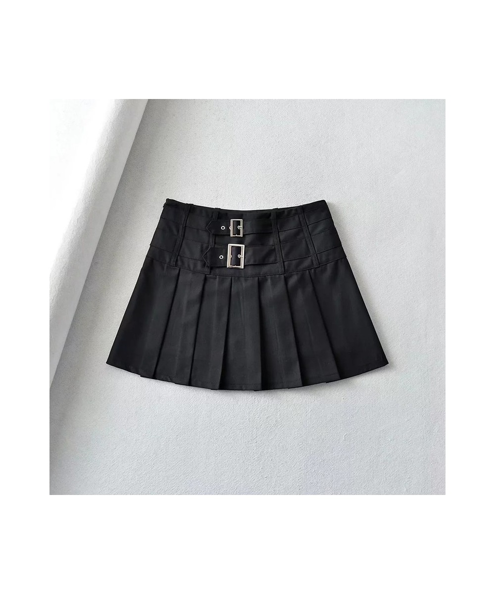 Women Buckle Detail Pleated Mini Skirt With Underwear 2022 summer short Y2K skirts $42.78 - Skirts