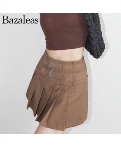 Women Buckle Detail Pleated Mini Skirt With Underwear 2022 summer short Y2K skirts $42.78 - Skirts