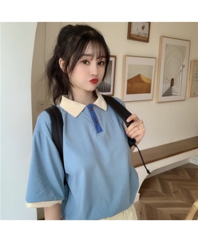 Japanese women loose patchwork Harajuku style polo collar short-sleeved t-shirt $28.81 - Tops & Tees