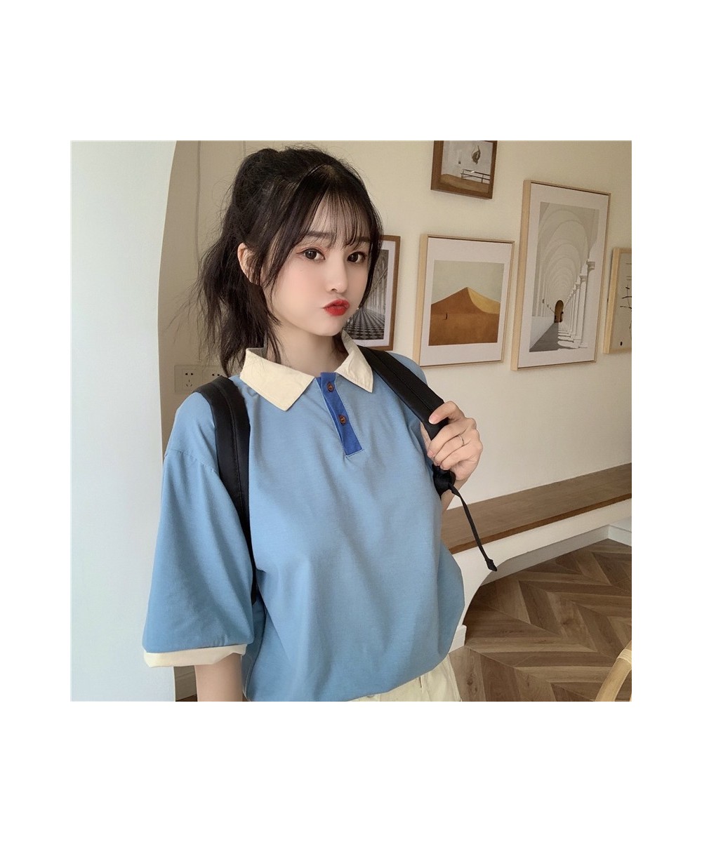 Japanese women loose patchwork Harajuku style polo collar short-sleeved t-shirt $28.81 - Tops & Tees