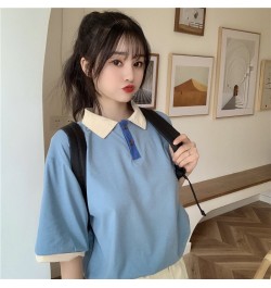 Japanese women loose patchwork Harajuku style polo collar short-sleeved t-shirt $28.81 - Tops & Tees