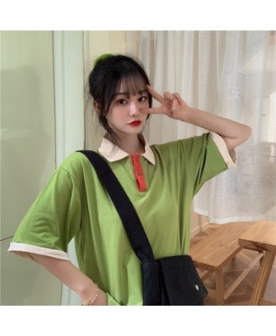 Japanese women loose patchwork Harajuku style polo collar short-sleeved t-shirt $28.81 - Tops & Tees