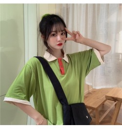 Japanese women loose patchwork Harajuku style polo collar short-sleeved t-shirt $28.81 - Tops & Tees