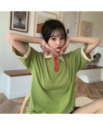 Japanese women loose patchwork Harajuku style polo collar short-sleeved t-shirt $28.81 - Tops & Tees