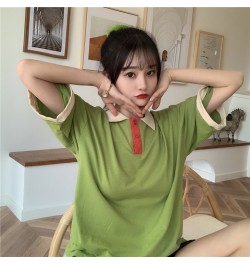 Japanese women loose patchwork Harajuku style polo collar short-sleeved t-shirt $28.81 - Tops & Tees