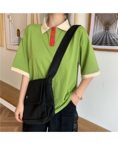 Japanese women loose patchwork Harajuku style polo collar short-sleeved t-shirt $28.81 - Tops & Tees