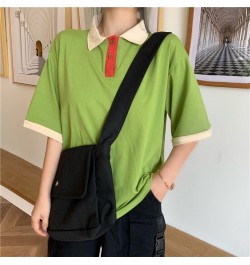 Japanese women loose patchwork Harajuku style polo collar short-sleeved t-shirt $28.81 - Tops & Tees