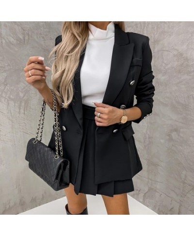 Vintage Office Lady Double Breasted Blazer And Shorts Set Solid Color Women Two Piece Set Female High Waist Shorts Skirt Suit...