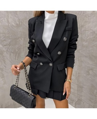 Vintage Office Lady Double Breasted Blazer And Shorts Set Solid Color Women Two Piece Set Female High Waist Shorts Skirt Suit...