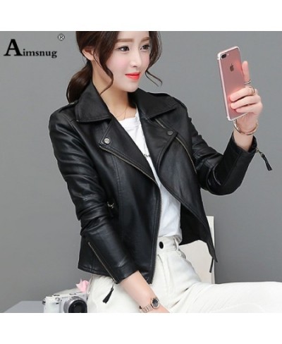 Women Cute Faux Pu Leather Jacket Girls Black Pink 2023 Spring Outerwear Pockets Zipper Office Lady Coat Slim Biker Jackets $...