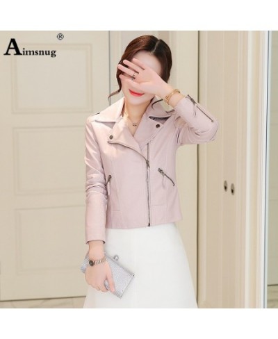 Women Cute Faux Pu Leather Jacket Girls Black Pink 2023 Spring Outerwear Pockets Zipper Office Lady Coat Slim Biker Jackets $...