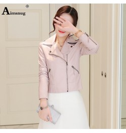 Women Cute Faux Pu Leather Jacket Girls Black Pink 2023 Spring Outerwear Pockets Zipper Office Lady Coat Slim Biker Jackets $...