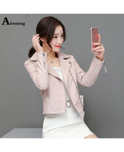 Women Cute Faux Pu Leather Jacket Girls Black Pink 2023 Spring Outerwear Pockets Zipper Office Lady Coat Slim Biker Jackets $...