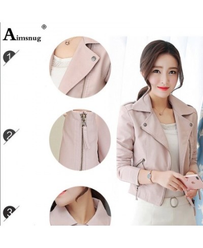 Women Cute Faux Pu Leather Jacket Girls Black Pink 2023 Spring Outerwear Pockets Zipper Office Lady Coat Slim Biker Jackets $...