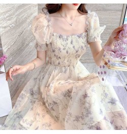 2022 Summer Women French Tender Ink Painting Puff Sleeve Long Dress Korean Temperament Sweet Fairy Style Lady Floral Dress $2...