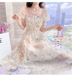 2022 Summer Women French Tender Ink Painting Puff Sleeve Long Dress Korean Temperament Sweet Fairy Style Lady Floral Dress $2...