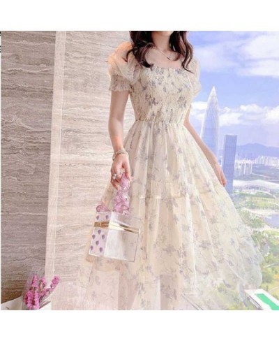 2022 Summer Women French Tender Ink Painting Puff Sleeve Long Dress Korean Temperament Sweet Fairy Style Lady Floral Dress $2...