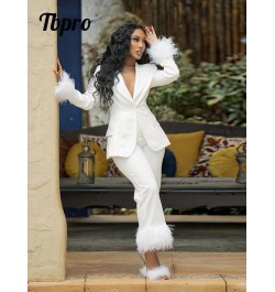 Women Solid Fur Hem Splicing Blazer Suit Elegant Loose Straight Pants Two 2 Piece Set Fashion Office Lady Streetwear Tracksui...