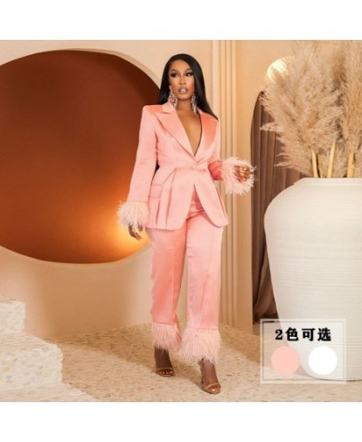 Women Solid Fur Hem Splicing Blazer Suit Elegant Loose Straight Pants Two 2 Piece Set Fashion Office Lady Streetwear Tracksui...