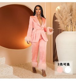 Women Solid Fur Hem Splicing Blazer Suit Elegant Loose Straight Pants Two 2 Piece Set Fashion Office Lady Streetwear Tracksui...