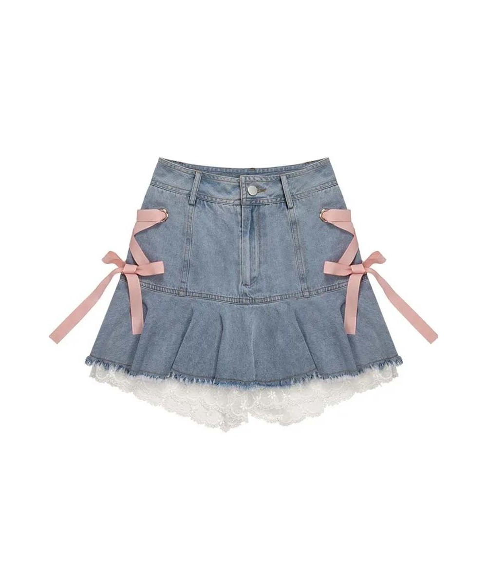 Pink Lace Denim Skirt Women's High Waist A-line Skirt Sexy Sweet Y2K Korean Fashion High-Street Girl Spring and Summer $38.12...