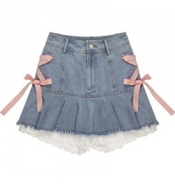 Pink Lace Denim Skirt Women's High Waist A-line Skirt Sexy Sweet Y2K Korean Fashion High-Street Girl Spring and Summer $38.12...