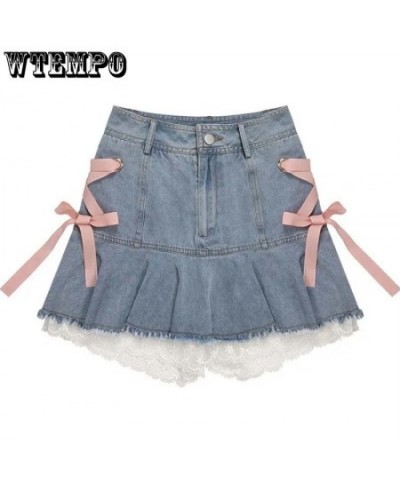 Pink Lace Denim Skirt Women's High Waist A-line Skirt Sexy Sweet Y2K Korean Fashion High-Street Girl Spring and Summer $38.12...