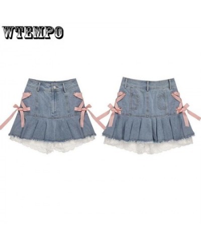 Pink Lace Denim Skirt Women's High Waist A-line Skirt Sexy Sweet Y2K Korean Fashion High-Street Girl Spring and Summer $38.12...