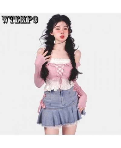 Pink Lace Denim Skirt Women's High Waist A-line Skirt Sexy Sweet Y2K Korean Fashion High-Street Girl Spring and Summer $38.12...