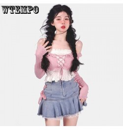 Pink Lace Denim Skirt Women's High Waist A-line Skirt Sexy Sweet Y2K Korean Fashion High-Street Girl Spring and Summer $38.12...