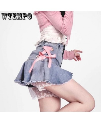 Pink Lace Denim Skirt Women's High Waist A-line Skirt Sexy Sweet Y2K Korean Fashion High-Street Girl Spring and Summer $38.12...