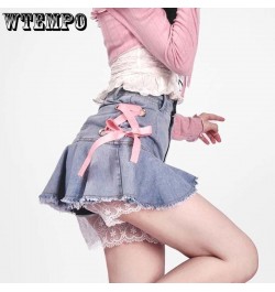 Pink Lace Denim Skirt Women's High Waist A-line Skirt Sexy Sweet Y2K Korean Fashion High-Street Girl Spring and Summer $38.12...