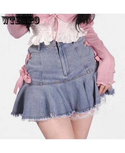 Pink Lace Denim Skirt Women's High Waist A-line Skirt Sexy Sweet Y2K Korean Fashion High-Street Girl Spring and Summer $38.12...