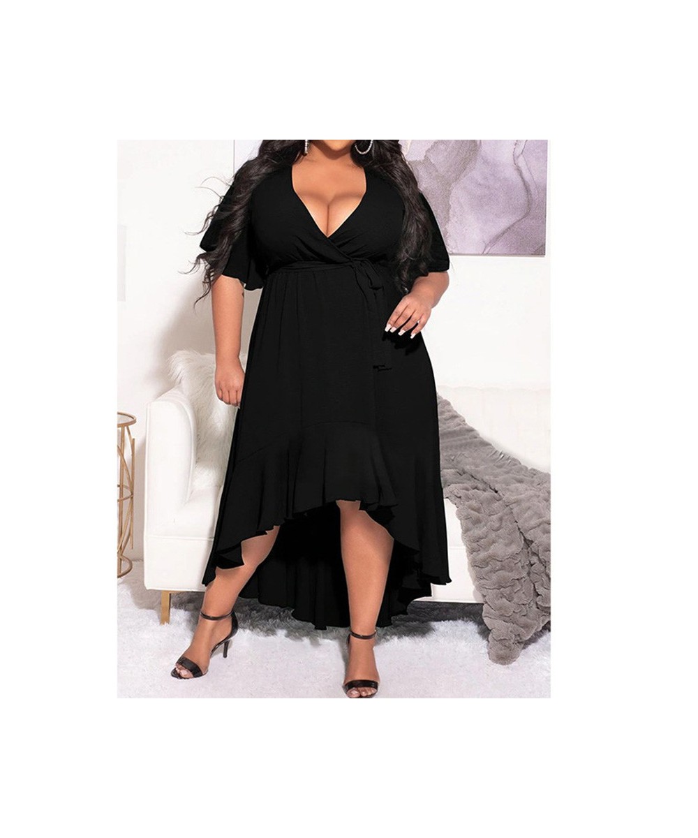 Evening Party Sexy Solid Color V-Neck Patchwork Ruffles Flare Half Sleeve Summer Clothes Bandage Plus Size Irregular Midi Dre...