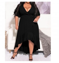 Evening Party Sexy Solid Color V-Neck Patchwork Ruffles Flare Half Sleeve Summer Clothes Bandage Plus Size Irregular Midi Dre...