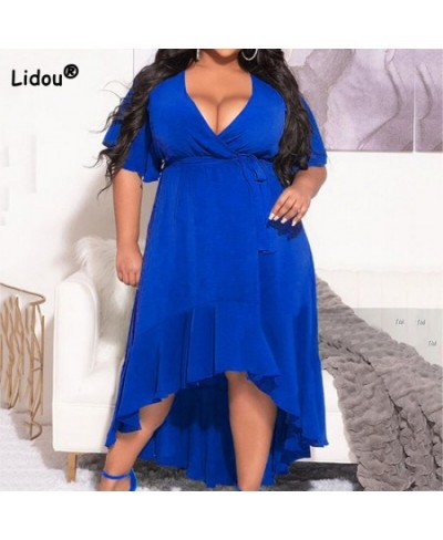 Evening Party Sexy Solid Color V-Neck Patchwork Ruffles Flare Half Sleeve Summer Clothes Bandage Plus Size Irregular Midi Dre...