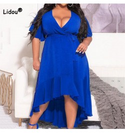 Evening Party Sexy Solid Color V-Neck Patchwork Ruffles Flare Half Sleeve Summer Clothes Bandage Plus Size Irregular Midi Dre...