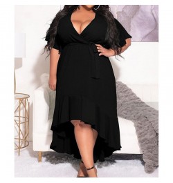 Evening Party Sexy Solid Color V-Neck Patchwork Ruffles Flare Half Sleeve Summer Clothes Bandage Plus Size Irregular Midi Dre...