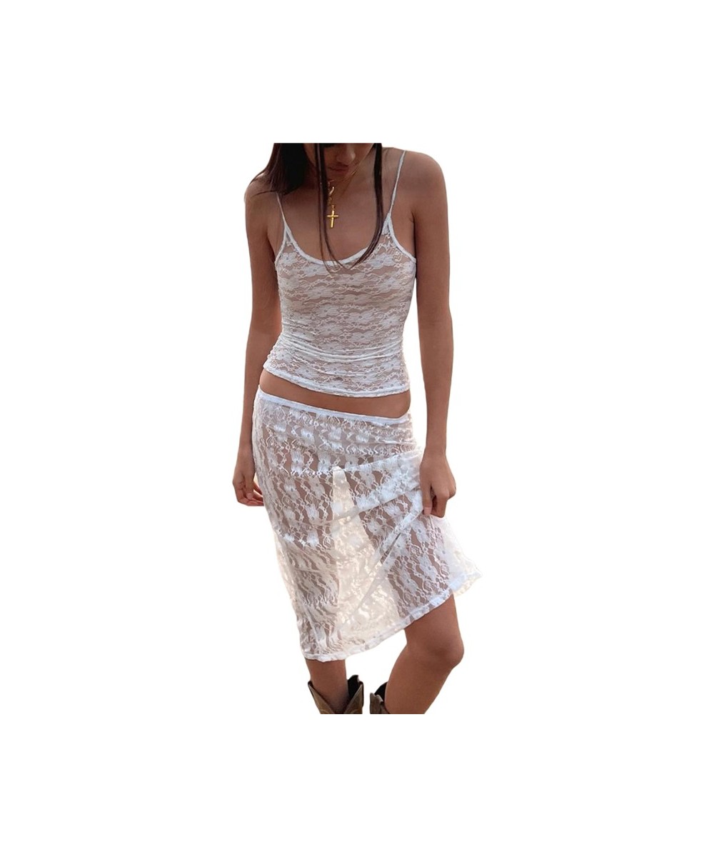 Two Piece Lace Outfit for Women White See Through Sleeveless Crop Tops + Low Waist Mid Skirt y2k Clothes Set Beachwear $24.88...