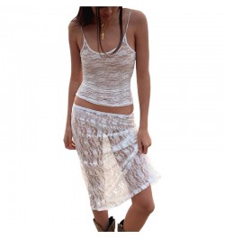 Two Piece Lace Outfit for Women White See Through Sleeveless Crop Tops + Low Waist Mid Skirt y2k Clothes Set Beachwear $24.88...